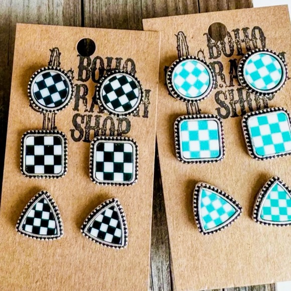 Boho Ranch Jewelry - Western Checker Shape Post Earring Set Bundle- Black & White, Turquoise & White